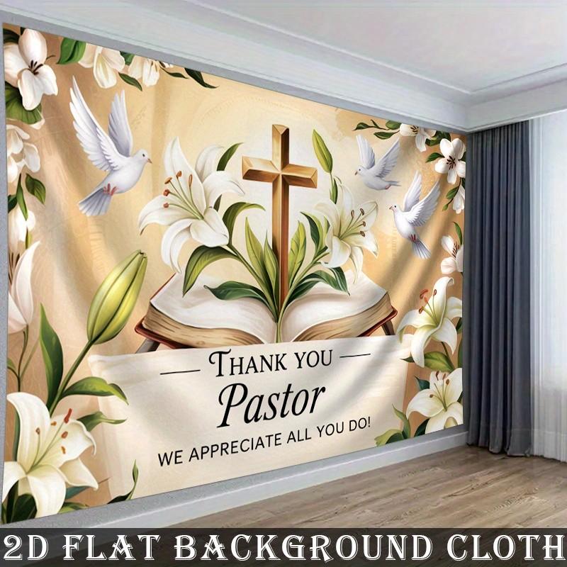 [party banner] 1pc, Thank You Pastor Theme with Cross, Open Bible & White Doves Background cloth,  Coming-of-age Ceremony, Christmas, Thanksgiving, Four Season, Entryway, Room Decor, Indoor/ Outdoor Celebrations, Baptismal Party Perfect Gift for Parents &