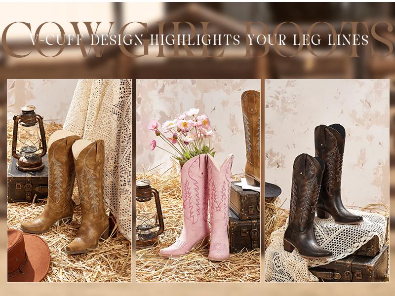 Wetkiss Cowboy Cowgirl Women Knee High  Boots Retro Embroidered Chunky Heels Pointed Toe Western Long Tall Boot Pull On Footwear Walking Shoes,Women's Shoes,Women's Boots  #TikTokShopStockUp