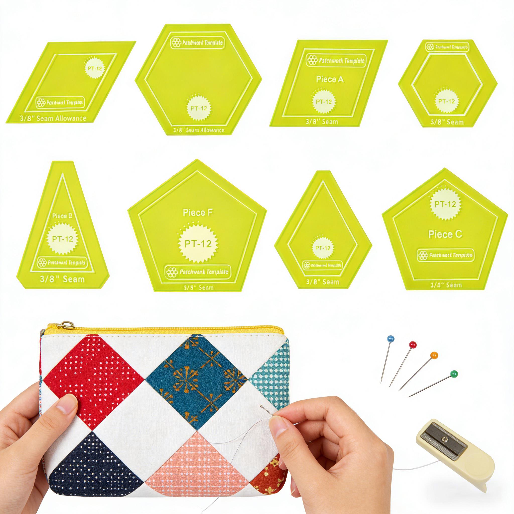 12-Piece Patchwork Template Set, British Paper Quilting Templates for Stars Flowers Lanterns New Stars Kaleidoscopes, Sewing Ruler Kit