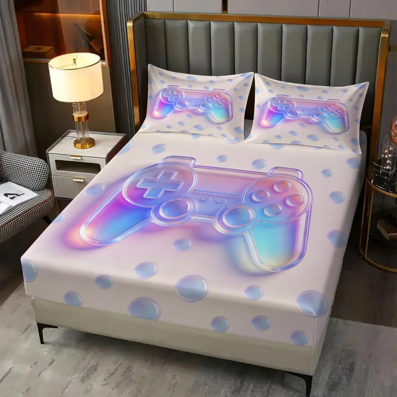 3-Piece Laser Game Controller Bed Skirt Set Fitted Sheet Set, Soft Breathable Fabric, Non-Slip Design, Perfect for Gaming Room, Sweet and Cool Sleep Setup