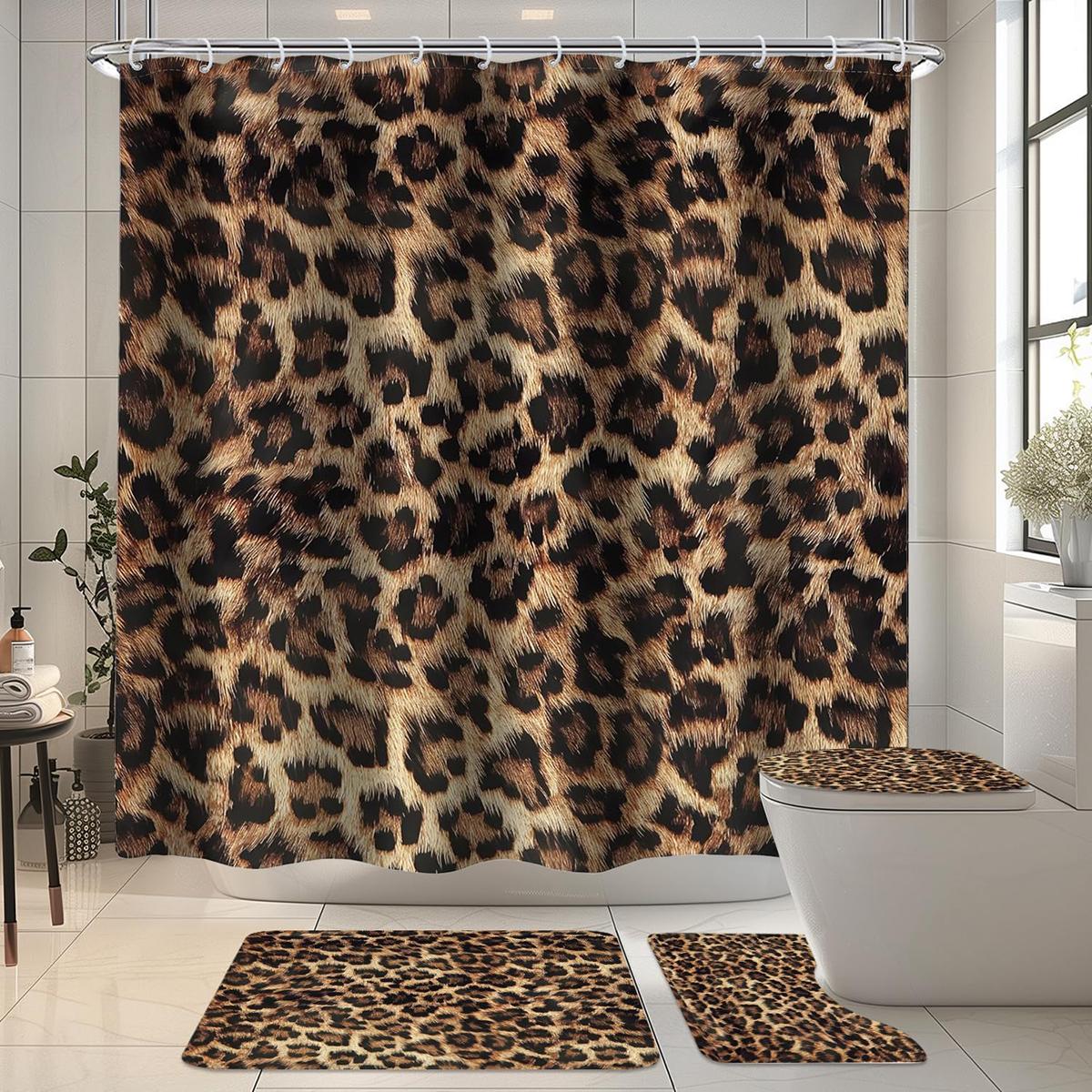 1/4 pcs leopard print shower curtain set, non-slip floor mat, U-shaped carpet, toilet lid cover, perfect for bathroom and Restroom decoration, partition, beautify the space, free 12 shower curtain hooks, Bathroom Decoration Accessories