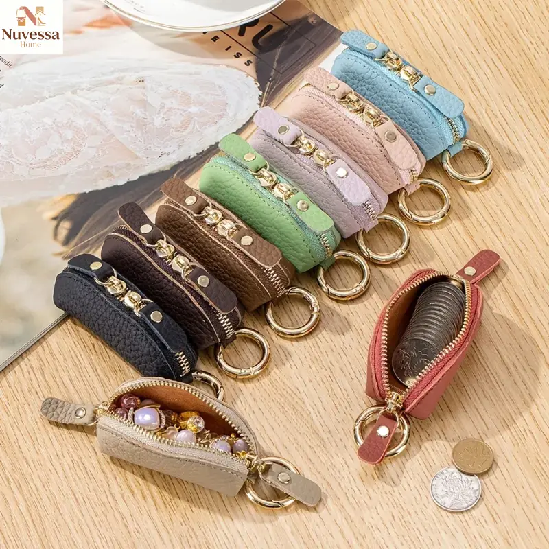 NUVES Women's Real Leather Japanese-Style Compact - Zippered Mini Coin Purse with Keychain, Small Essentials, Ideal Gym Accessory Mini Gift