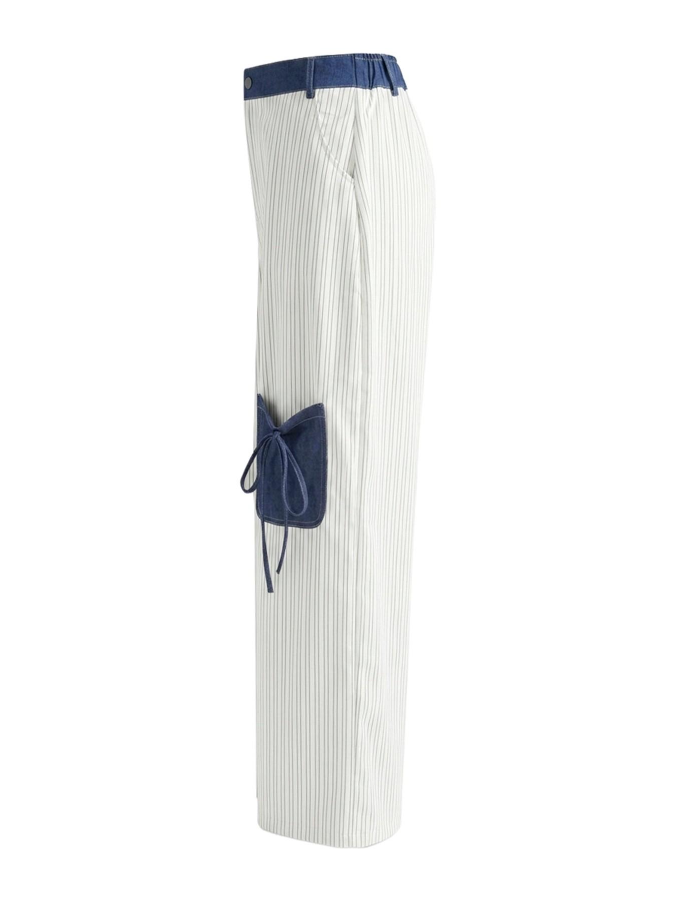 High-Waisted Loose Fit Oversized Pants, Street Fashion Trousers, Colorblock Pocket Patchwork Striped Tie Waist Adjustable Long Pants, Stylish, Comfortable and Casual Fashion Bottoms