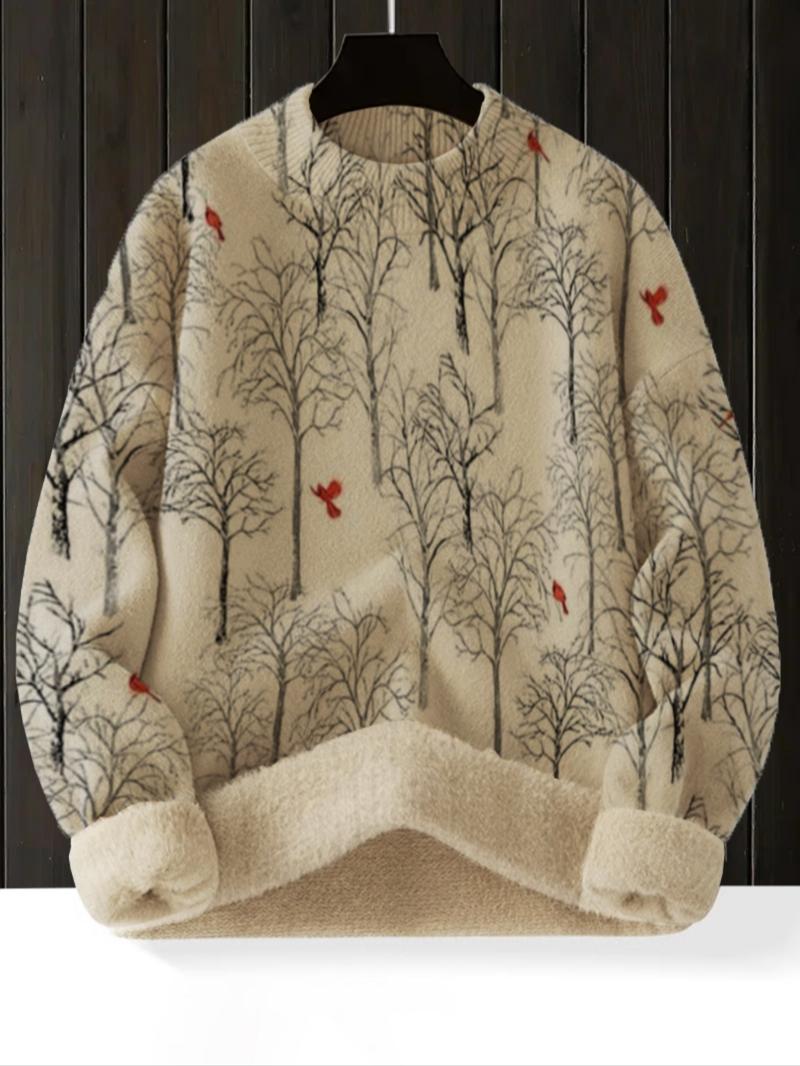 Women's Tree Landscape Print Stand Collar Sweater, Fall Winter Casual Long Sleeve Knitwear, Comfortable Warm Daily Wear