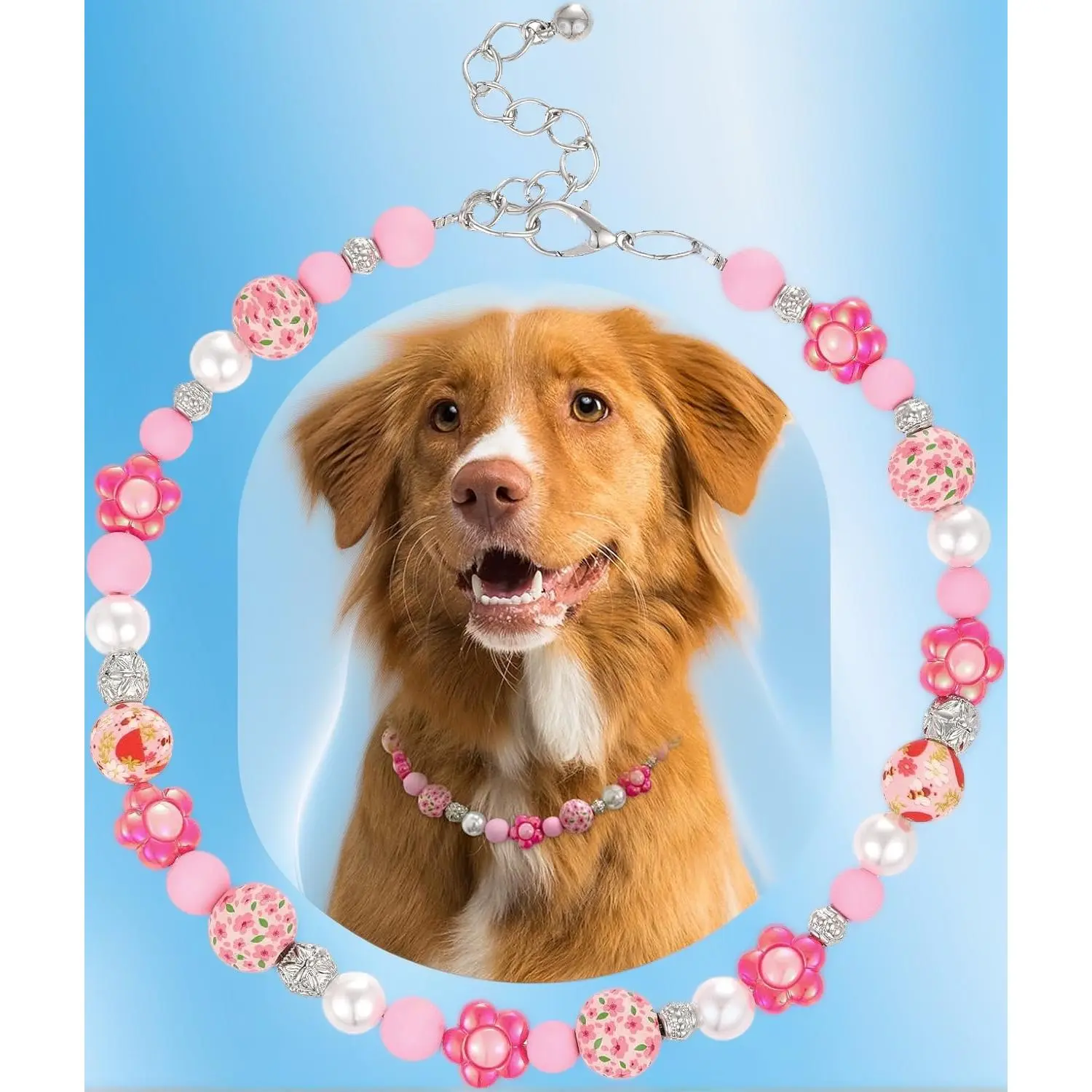 21 Inch Adjustable Dog Beaded Necklace Collar, Cute Pink Flower Pearl Fashion Puppy Jewelry Durable Pet Collar Accessories