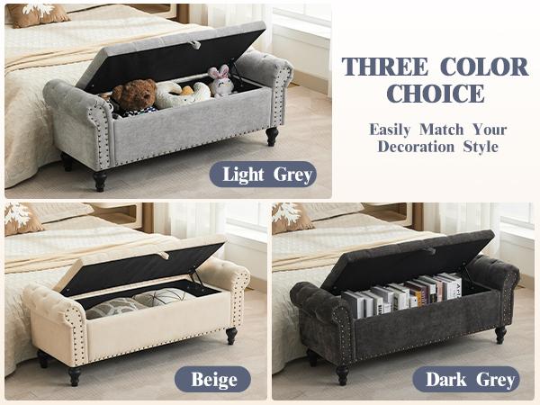 51" Bedroom Storage Bench, End of Bed Bench, Chenille Upholstered Benches, Ottoman with Storage, Window Benches with Rolled Arm and Nailhead Trim for Living Room, Entryway,