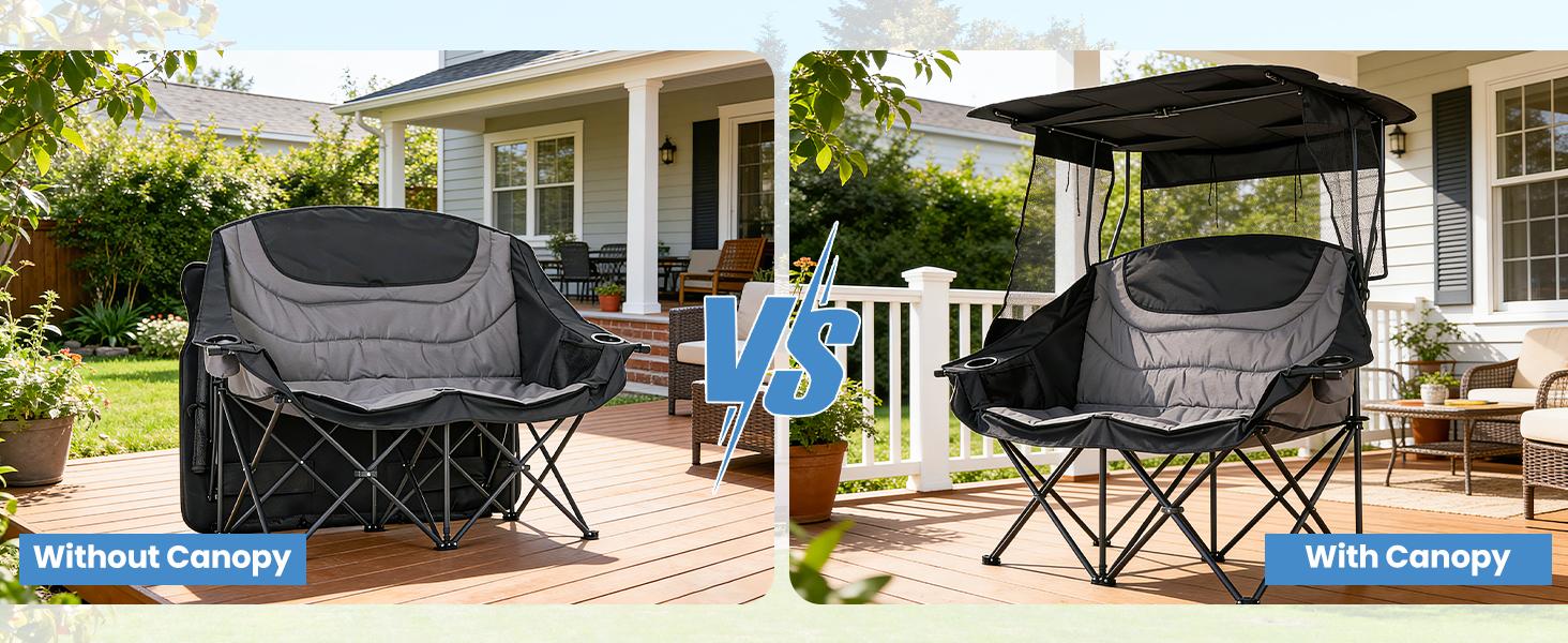 MOPHOTO XXL Double Camping Chair with Shade Canopy, Fully Padded Folding Camping Loveseat , Oversized Camping Bench Lawn Chairs Patio Lounge Chairs for Adults