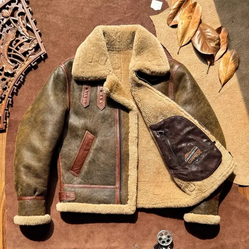 2026 Mens Vintage Outdoor Thick Coat.Fashion Winter Warm Natural Shearling Cloth.Classic Outerwear Sheepskin Fur Jacket.