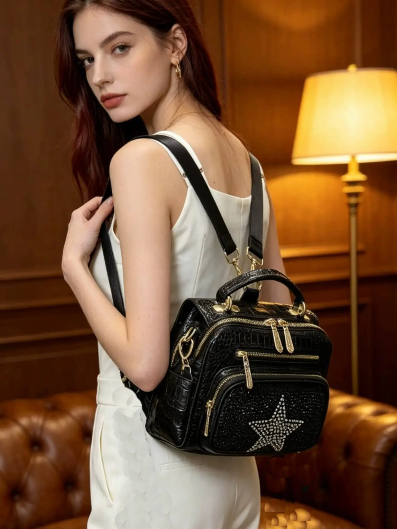Return-To-School Crocodile Pattern Backpack, 2026 New Fashion Leather Shoulder Bag, Women's Rhinestone Crossbody, Y2K Multi-Pocket Storage, Backpacks for School