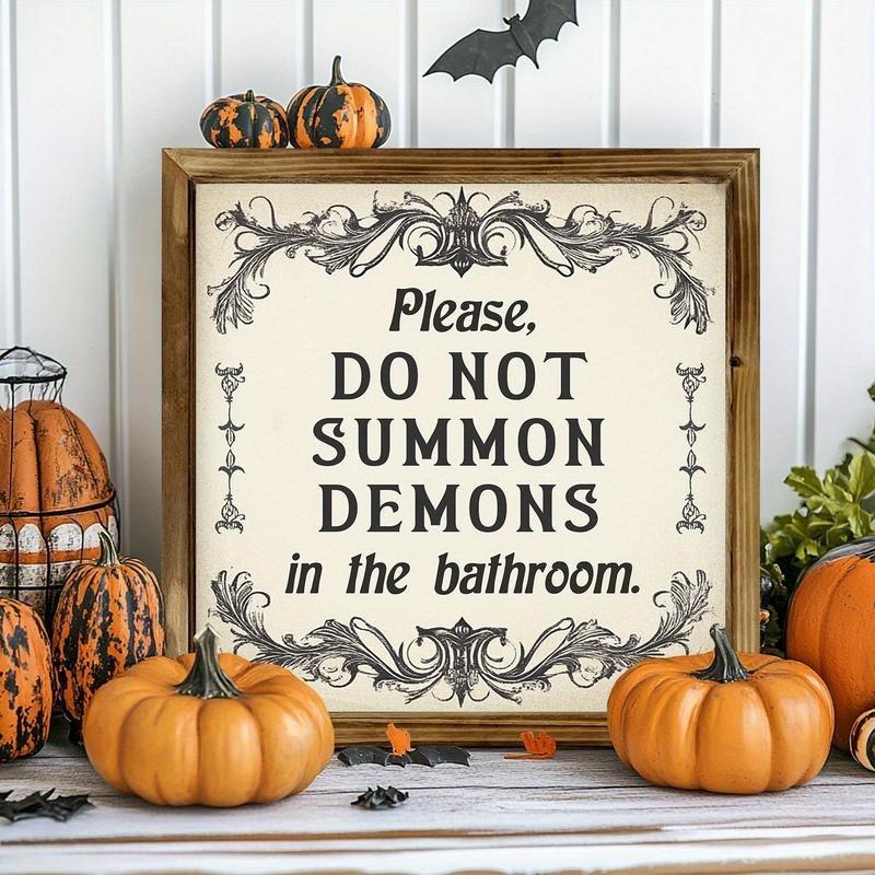 Funny Dark Humor Rustic Vintage Style Gothic Wooden Framed Sign, Please Do Not Summon Demons in the Bathroom, Halloween Year-Round Spooky Decor