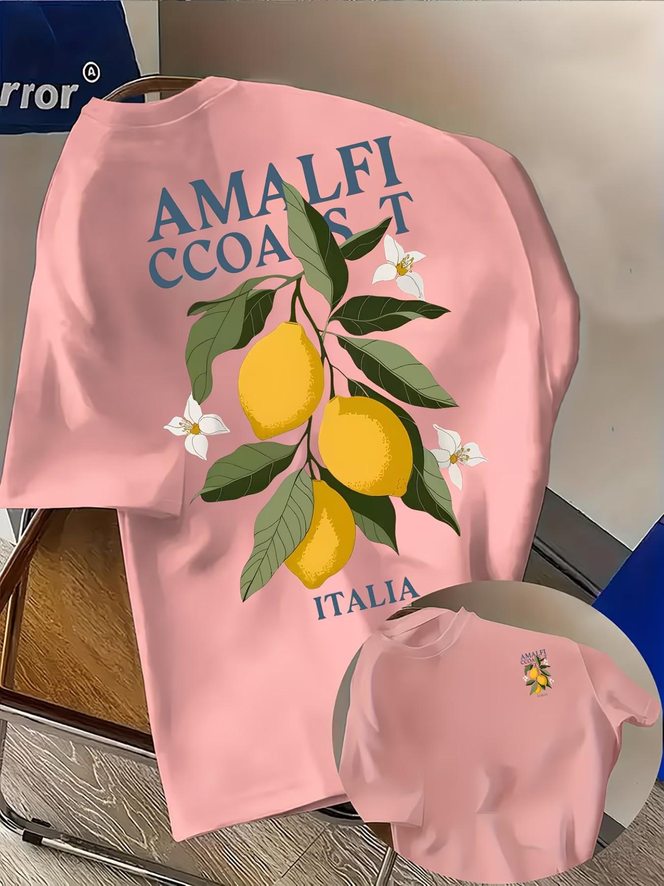 Men's Casual Amalfi Coast Lemon Print T-Shirt, Fashion Double-Sided Print, Lightweight Elastic, Regular Fit, Summer Streetwear