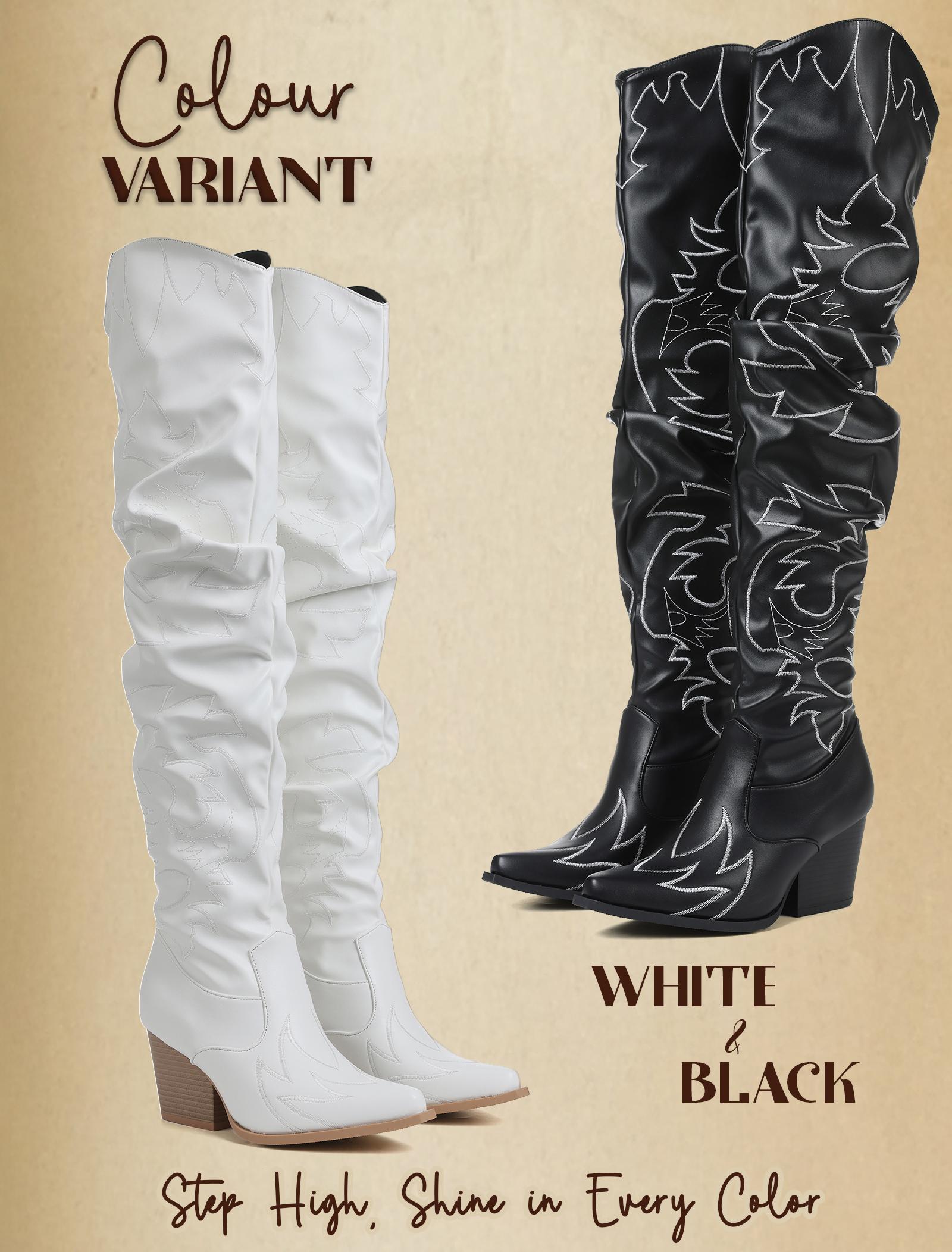 CELNEPHO Women Cowboy Boots Pointed Toe Retro Embroidery Design Chunky Block Heel Easy Pull on Western Cowgirl Boot Work Cosplay Events Country Wedding Dress Shoes