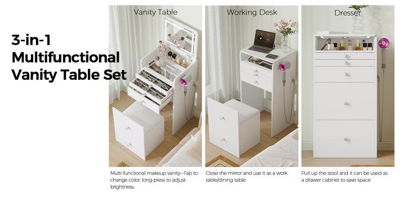 【Valentine’s Day Gift】VOWNER Modern 3 in 1 Vanity Desk with 3 Drawers Flip-up Mirror 3 Color Lighting & Cushioned Stool for Bedroom Makeup & Skincare Routine