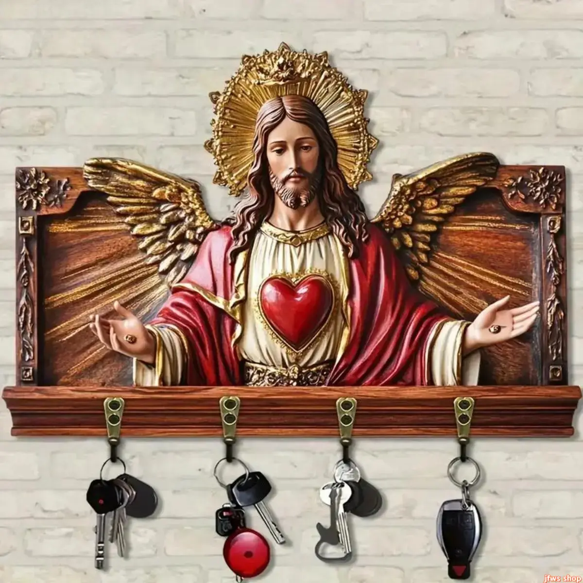 Vintage Sacred Heart Key Holder for Wall Wooden Religious Decor with 4 Metal Hooks Faith-Inspired Home Organizer for Entryway, Hallway & Living Room Stylish Functional Decor (11.8 x 4.8 in)