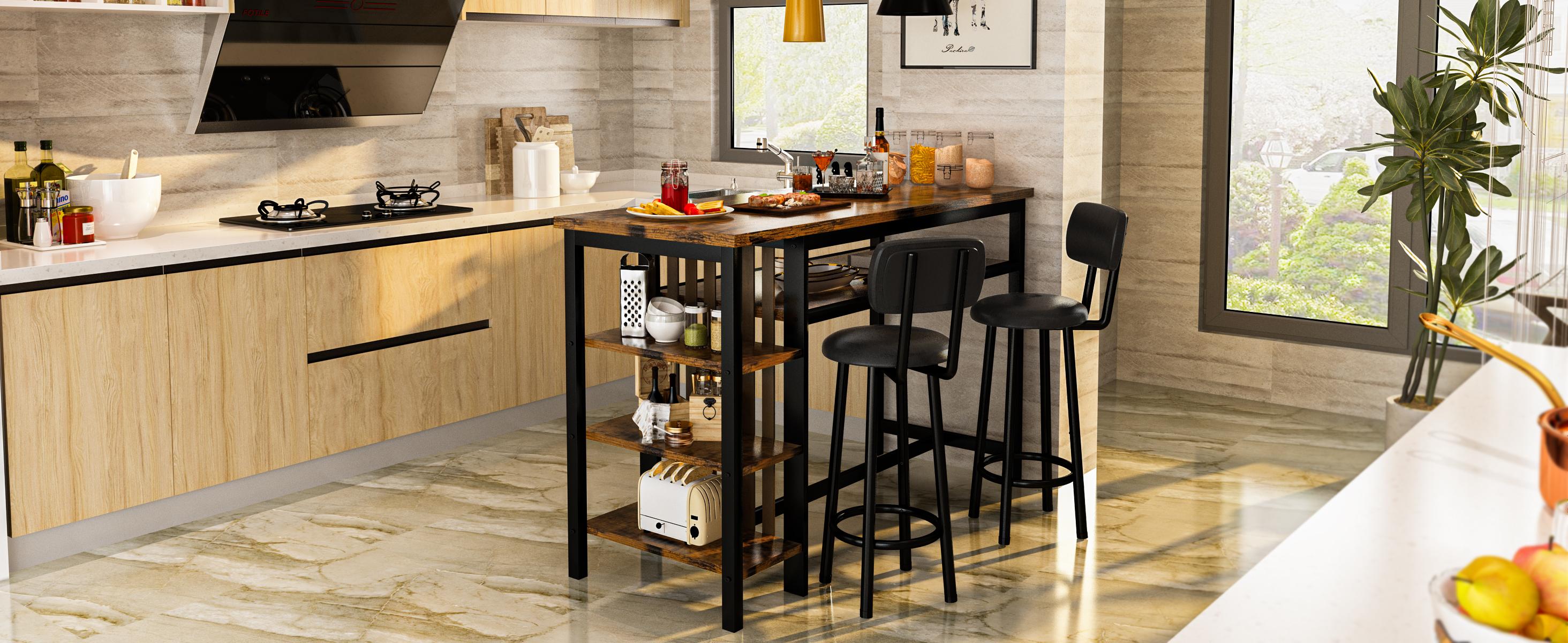 AWQM Set of 3 pub table and chairs, Modern White Faux Marble Table with 2 PU Cushion Bar Stools, Kitchen Counter with 3 Tier Storage Shelves, Space Saving Table for Home & Kitchen, Black Frame, Gold Frame
