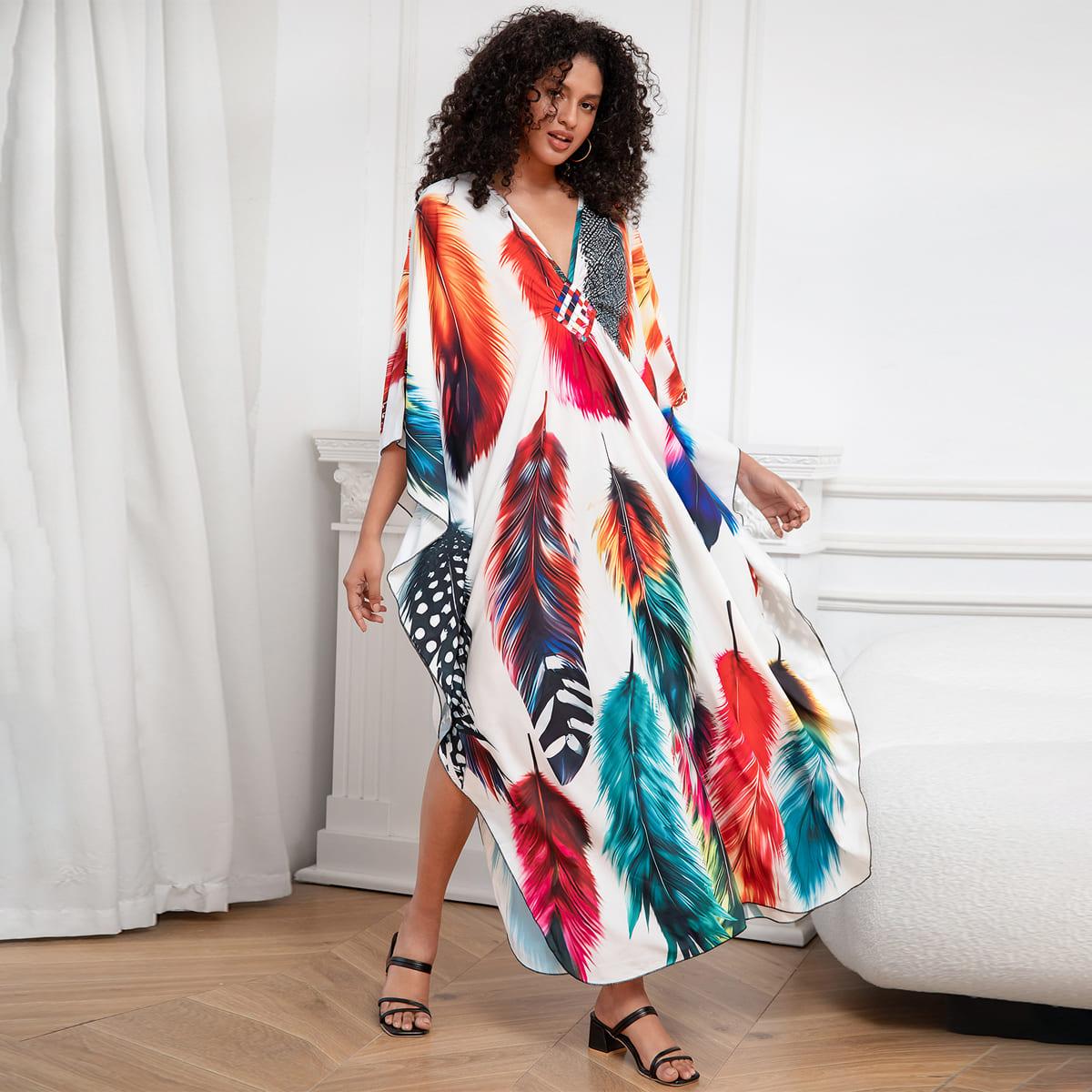 Bsubseach Women Ethnic Print Kaftan Beach Dress Plus Size Swimsuit Cover Up