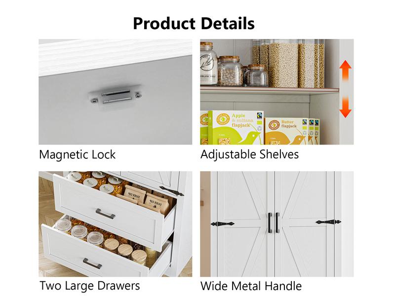 Pantry Organizers and Storage Cabinet, 71” Barn Door White Kitchen Cabinet with Drawers and Adjustable Shelf, Tall Pantry for Kitchen, Dining Room, Living Room. Bathroom and Office