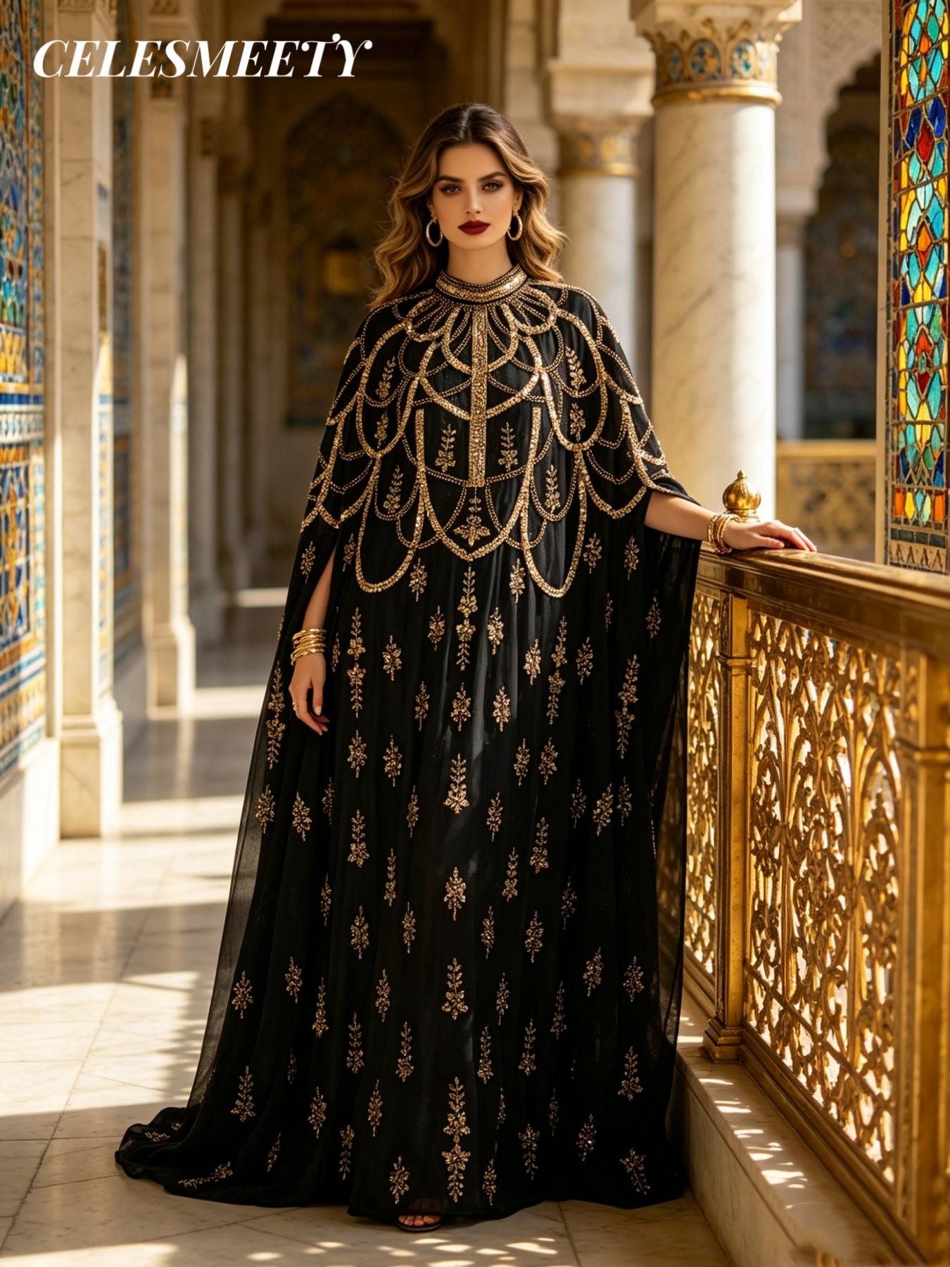 Celesmeety Muslim Sequin Long Robe, Plus Size Women's Islamic Clothing Mesh Kaftan, Jellabia Style Evening Gown, Elegant Dress for Holidays