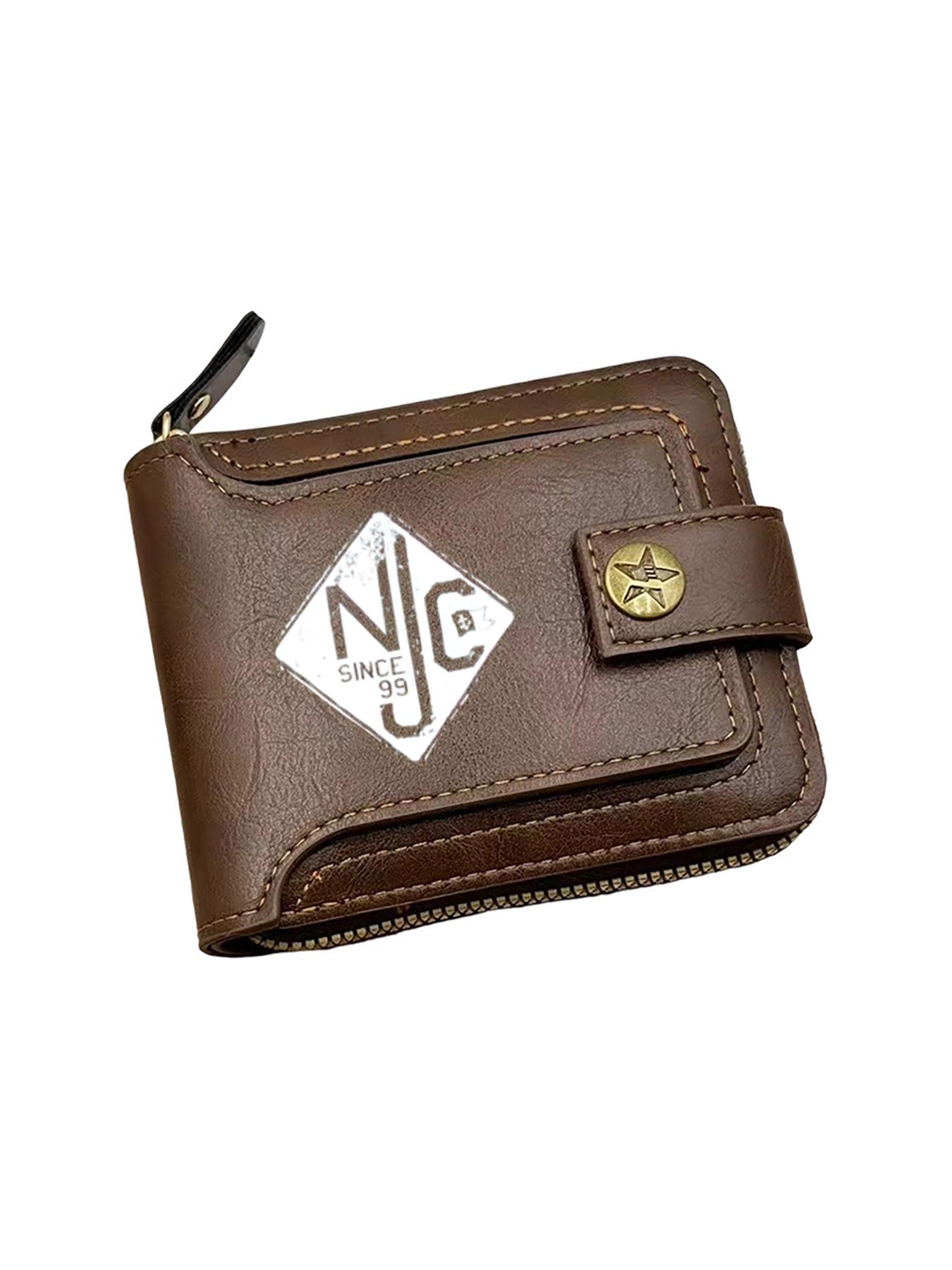 Vintage Black Leather Wallet with NJC Logo Print Design  Stylish Daily Use Gift for Men  Durable Zipper and Button Closure  Perfect Birthday  Christmas  Father's Day  Valentine's Day Gift for Boyfriend  Husband  and Friends  Practical Travel and Office