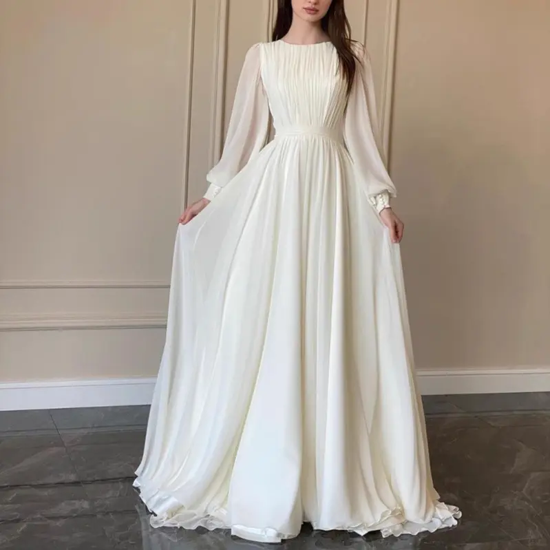 Lantern Sleeve Chiffon Wedding Gown for Women, Round Neck Flowy Elegant Formal Evening Maxi Dress
