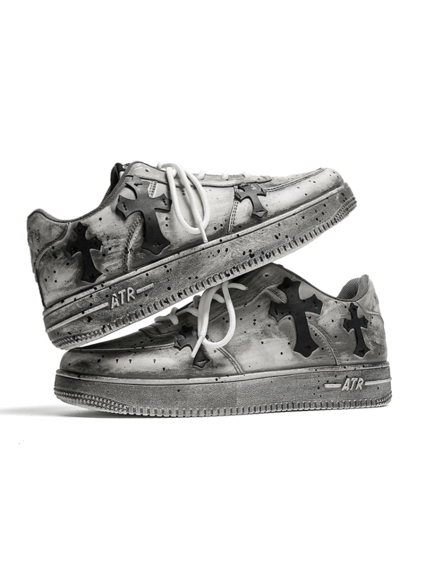 Men's Vintage Cross Sneakers, PU Leather Mid Top Casual Shoes, Soft Comfortable Non-Slip Design, Perfect for Daily Wear