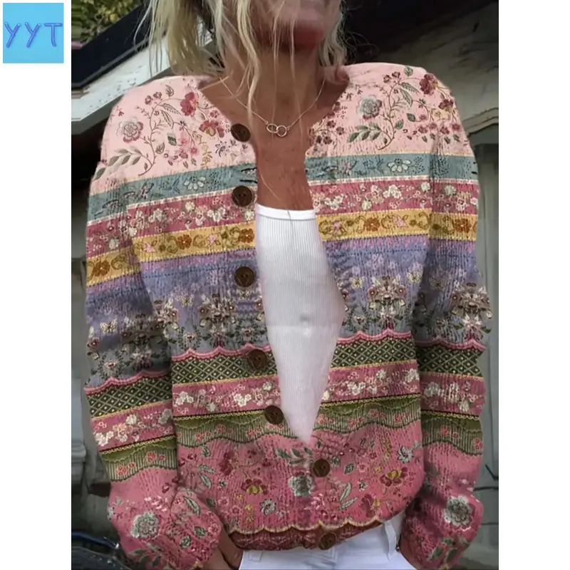 YYT1 Women's Floral Patchwork Stripe Open Front Knitwear Cardigan, Aesthetic Casual Knitwear, Vintage Round Neck Button Sweater, Bohemian Stitched Pattern Coat, Casual Long Sleeve Top, Fit, Knitting