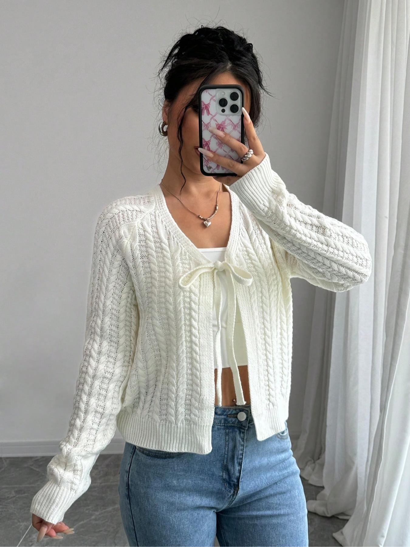 Women's Solid Tie Front Raglan Sleeve Sweater Cardigan, Casual Long Sleeve Cardigan for Spring & Fall, Fashion Women's Knitwear for Daily Wear