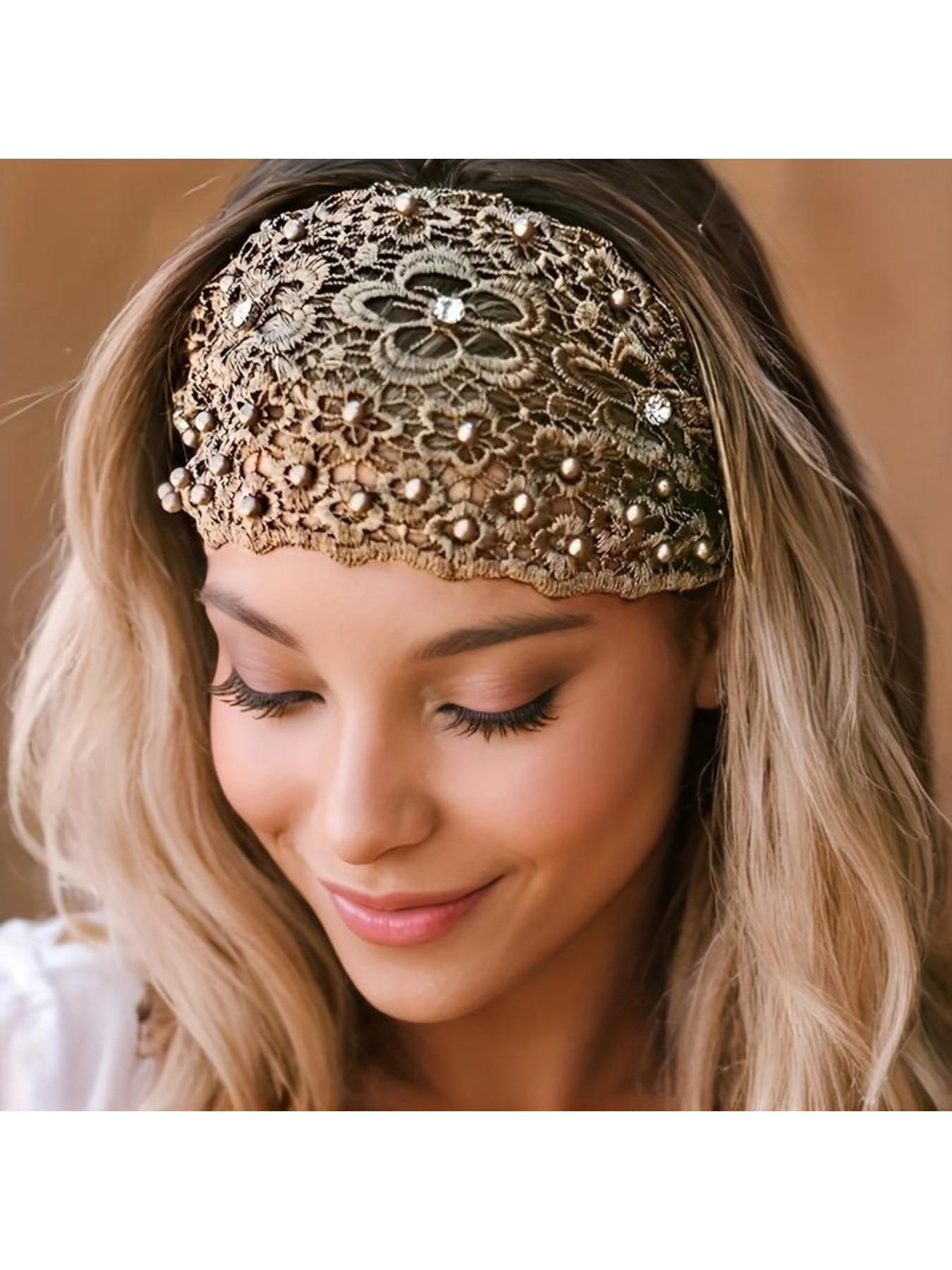 Elegant Lace Flower Headband Set, 3 Pcs Hollow Beaded Plum Blossom Hair Bands, Wide Strap Safety Hair Accessories for Women