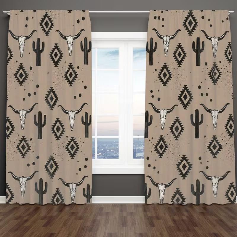 2 pieces of high-definition digital southwestern style ox skull, cactus, and geometric pattern printed curtains. Made of polyester, semi-transparent material, machine washable, suitable for bedrooms, living rooms, and home decoration curtains.
