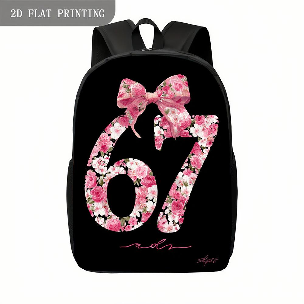 1pc Kawaii Cute Backpack with 67 Number & Pink Rose Bow - Floral Print School Bag, Lightweight Durable Bookbag for Teen, for Back to School, College, Campus, Adjustable Straps & Numbered Design for Identification, for Teenager