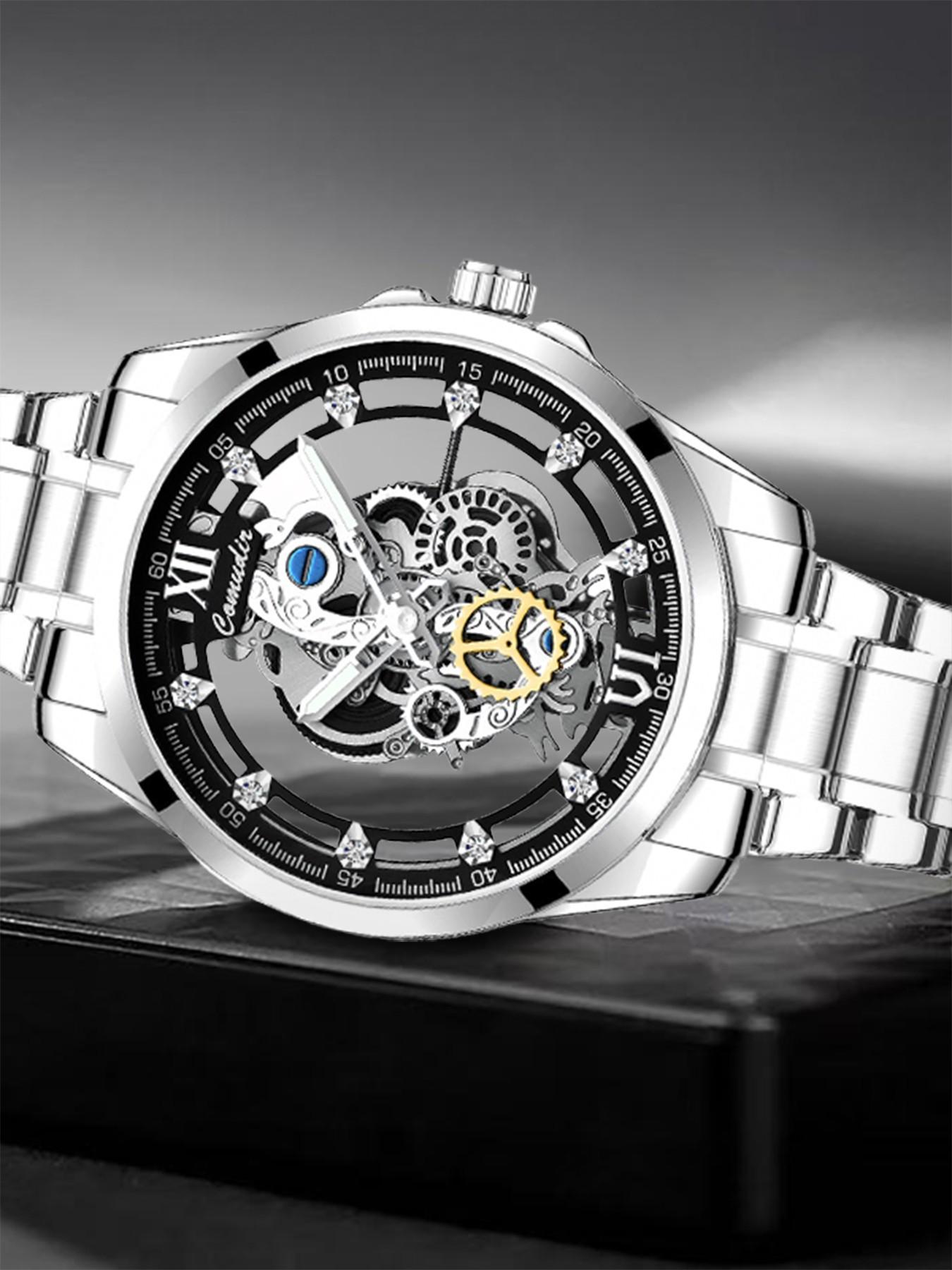 Men's Silver Color Steel Strap Dual-Sided Transparent Sporty Casual Business Watch, Quartz Wristwatch, Analog Round Face, Quartz Movement, Alloy Case