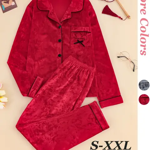 Women's Elegant Winter Knit Solid Pajama Set Pjs Nightwear, Fitted Long Sleeve Button-Up Top & Warm Pants, Comfortable Loungewear Homewear for Cold Weather