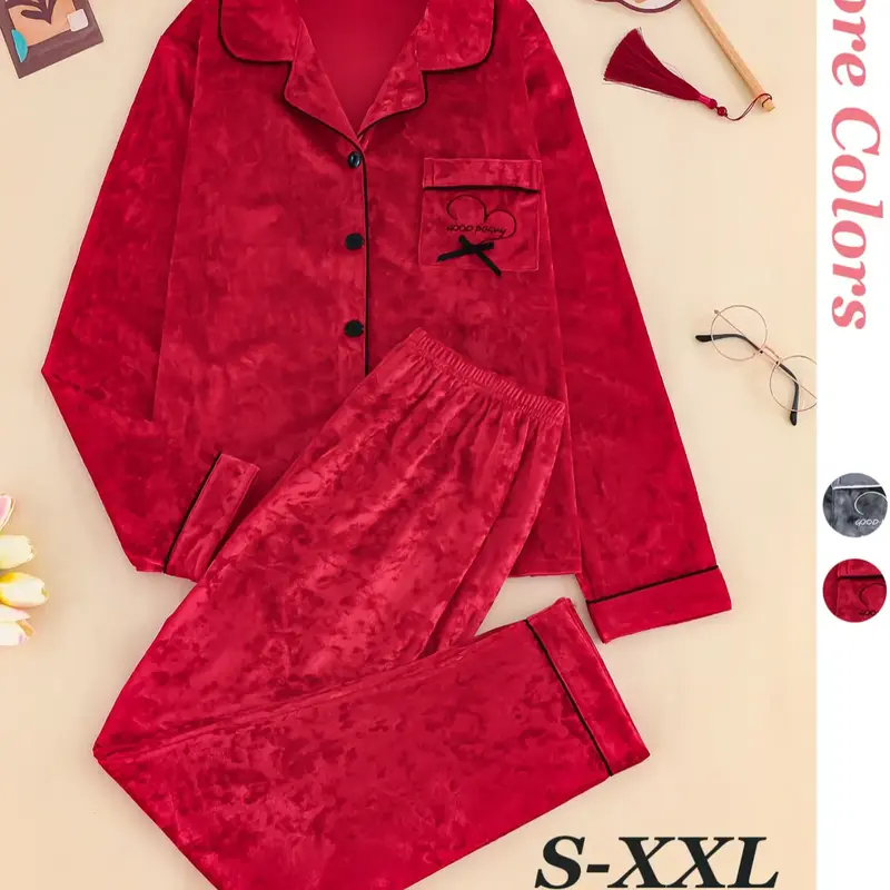 Women's Elegant Winter Knit Solid Pajama Set Pjs Nightwear, Fitted Long Sleeve Button-Up Top & Warm Pants, Comfortable Loungewear Homewear for Cold Weather