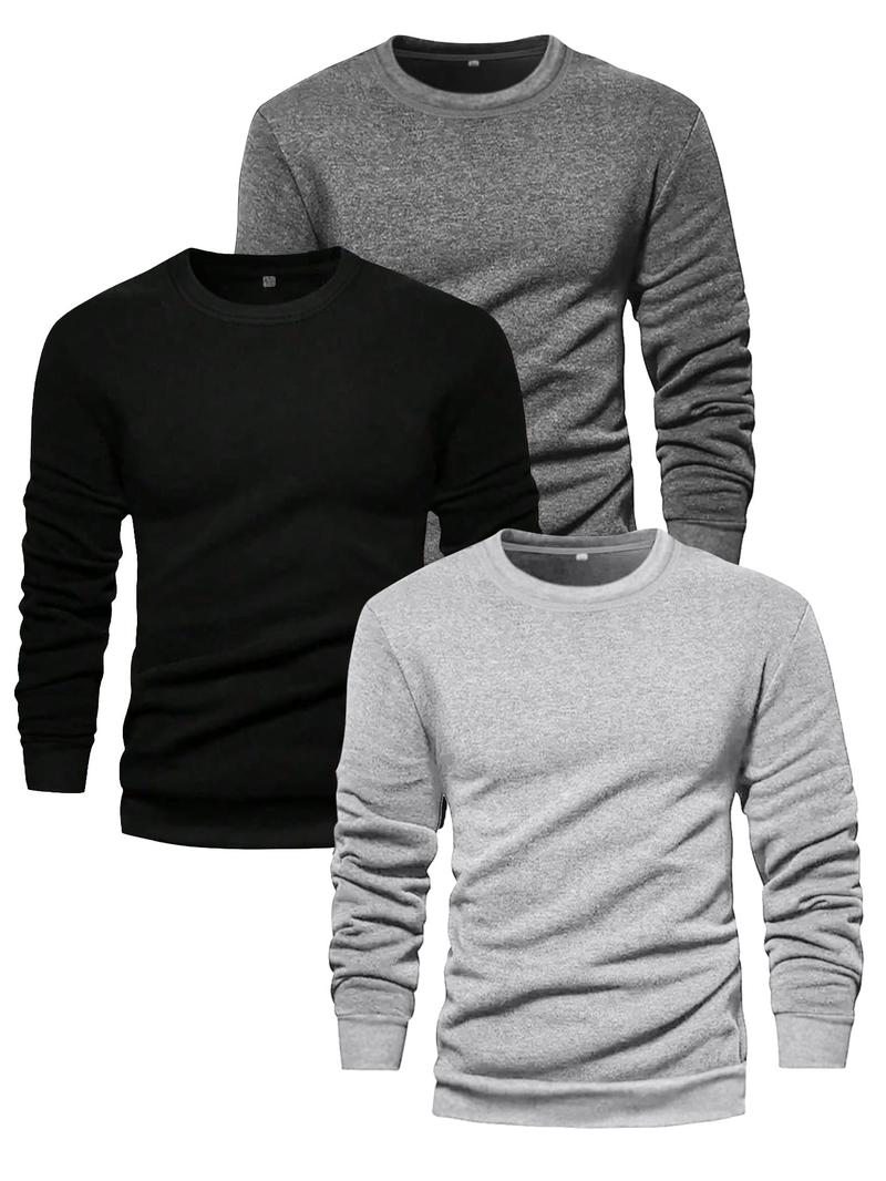 Men's Solid Long Sleeve Crew Neck T-shirt, Casual Regular Fit Basic Round Neck Tee for Fall & Winter, Men's Clothes for Daily Wear