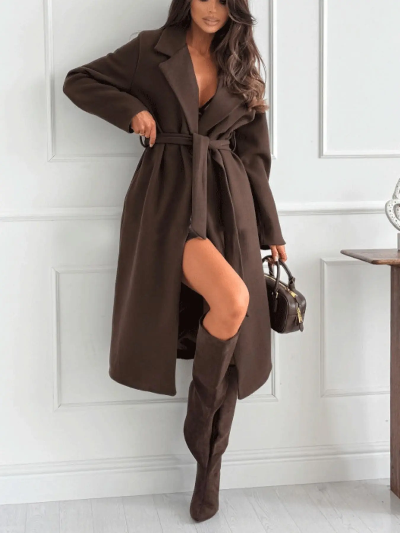 Women's Fall Winter New Solid Color Coat, Waist Belt Long Jacket, Loose Fit Casual Outerwear, Multi-Color Options, Daily Commute Dating Shopping