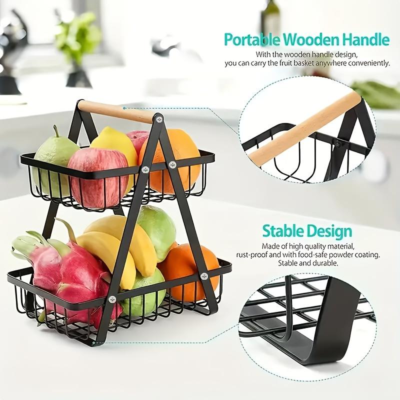 1pc 2/3-Tier Iron Drain Basket with Wooden Handle - Removable Wire Mesh Food-Safe Countertop Storage Organizer for Kitchen, Bathroom, Fruits & Vegetables - Space-Saving Home Organization Solution, Kitchen Storage Basket, Bathroom Organizer,