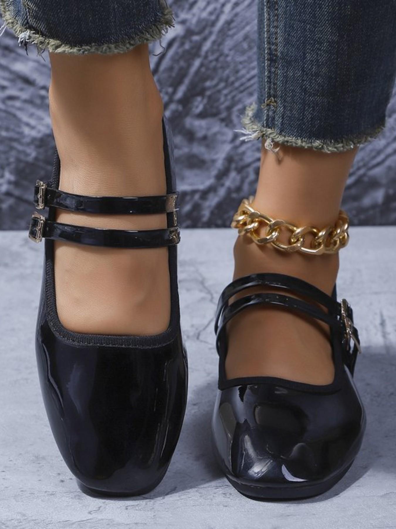 2026 New Women's Double Buckle Mary Jane Shoes, Square Toe Leather Soft Sole Ballet Flat, Casual for Work, Date, Daily Wear, College Style