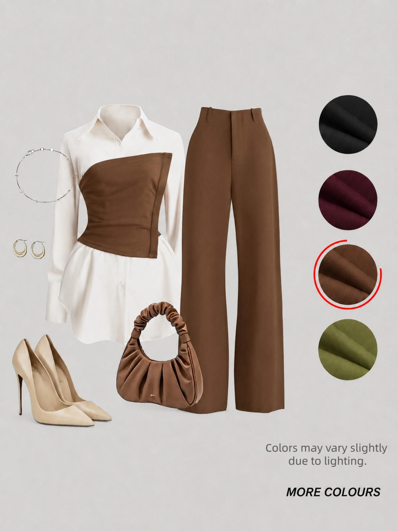 Women's Fall Winter Slimming Belted Colorblock Collar Blouse Set, Asymmetric Hem Design, Casual Daily Commute Two-Piece, Multiple Colors Available