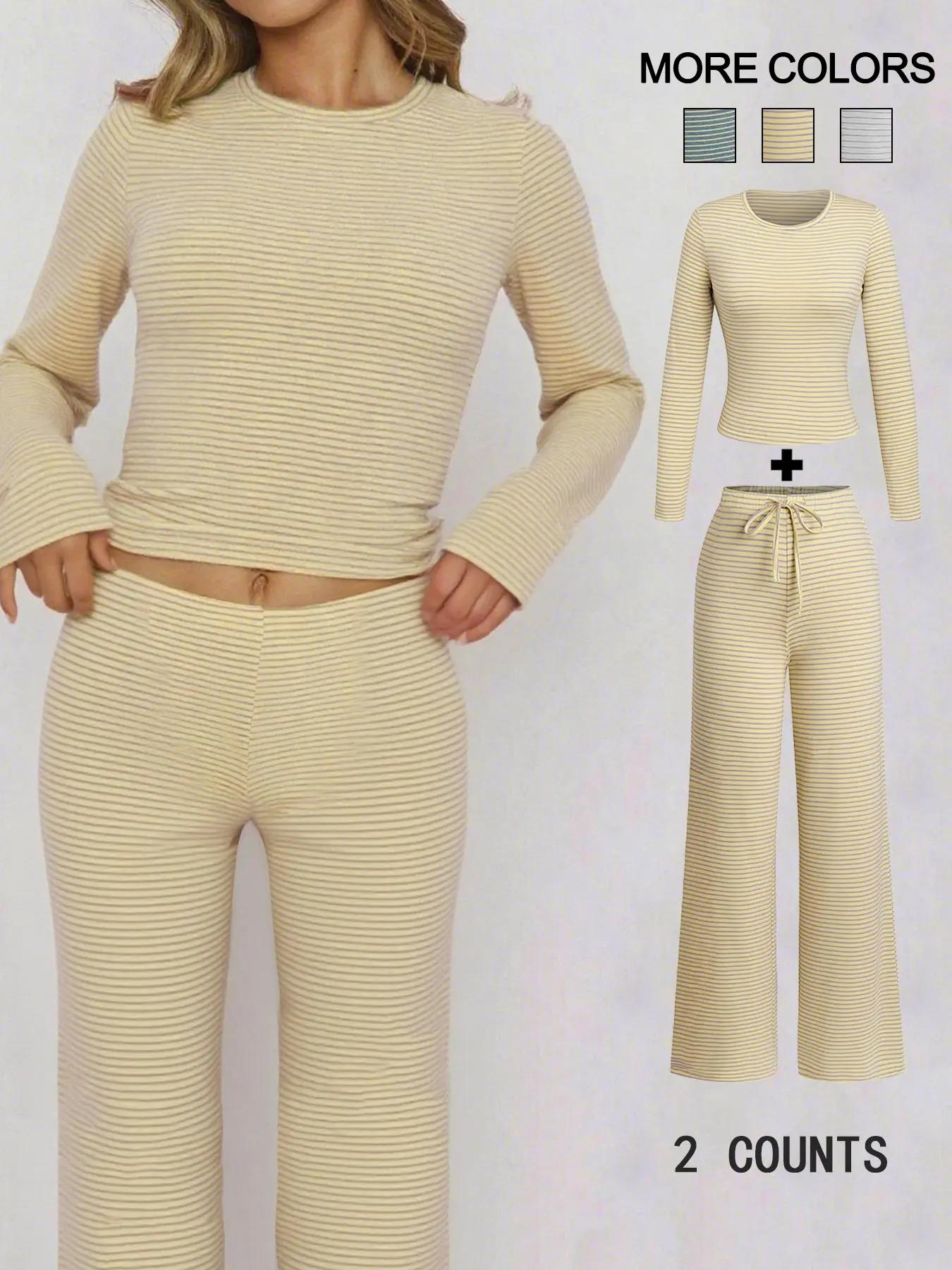 Women's Casual Striped Top & Pants Set, Spring Fashion Two-Piece Set, Comfortable and Stylish Clothing for Daily Wear, Airport Outfit