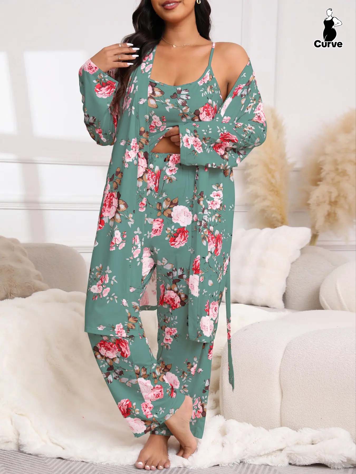 Plus Size 3-Piece Set Floral Print Belted Lounge Robe & Cami Top & Elastic Waist Pants Pyjama Set, Elegant Comfy Women's Sleepwear for Spring & Fall