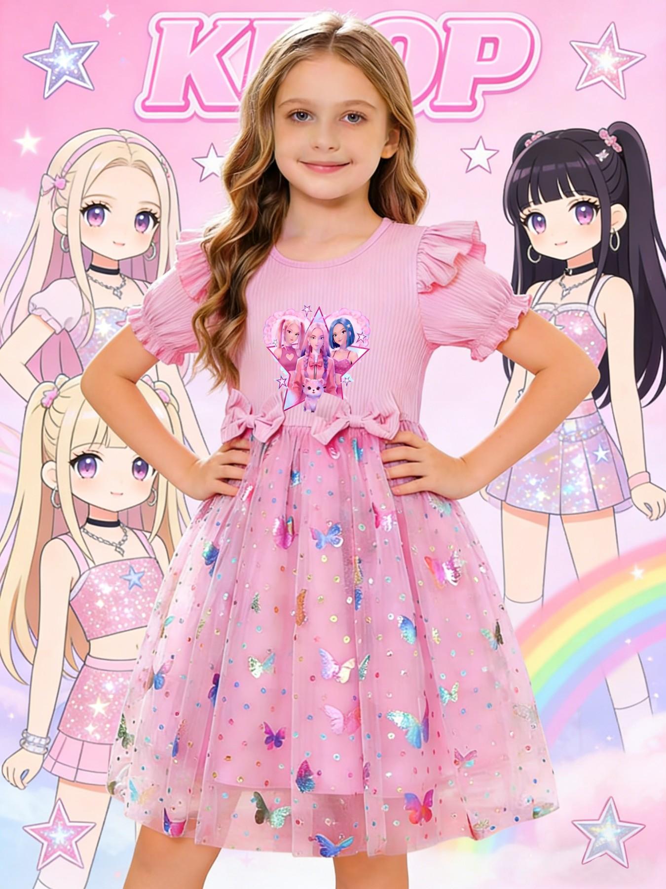 K-Pop Girl Group Sweet Style Girls' Dress, Flutter Sleeve Bow K-Pop Print, Summer Mesh Princess Dress, Cute Floral Pattern, Slim-Fitting