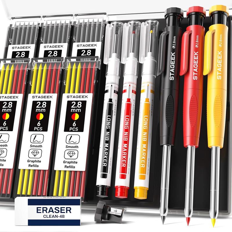 STAGEEK Carpenter Pencils Set with Case, 3PCS Mechanical Carpenter Pencils with 39 Refills, Heavy Duty Construction Pencil with Sharpener, Deep Hole Long Nib Marker Pens for Architect Marking