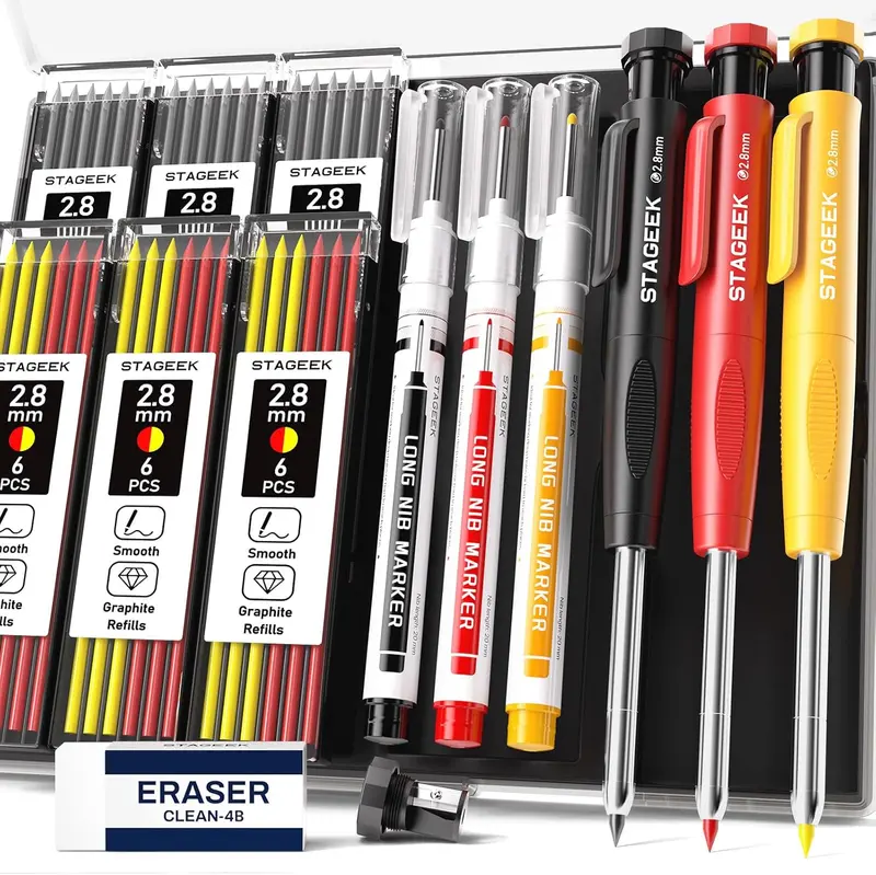 STAGEEK 3-Pack Mechanical Carpenter Pencils Set with Storage Box, Ergonomic Grip, 39 Refills, Sharpener, Eraser, Long Nosed Marker Pens for Architect Marking, Back to School Prep (Marking Tool for Glass, Metal, Plastic)