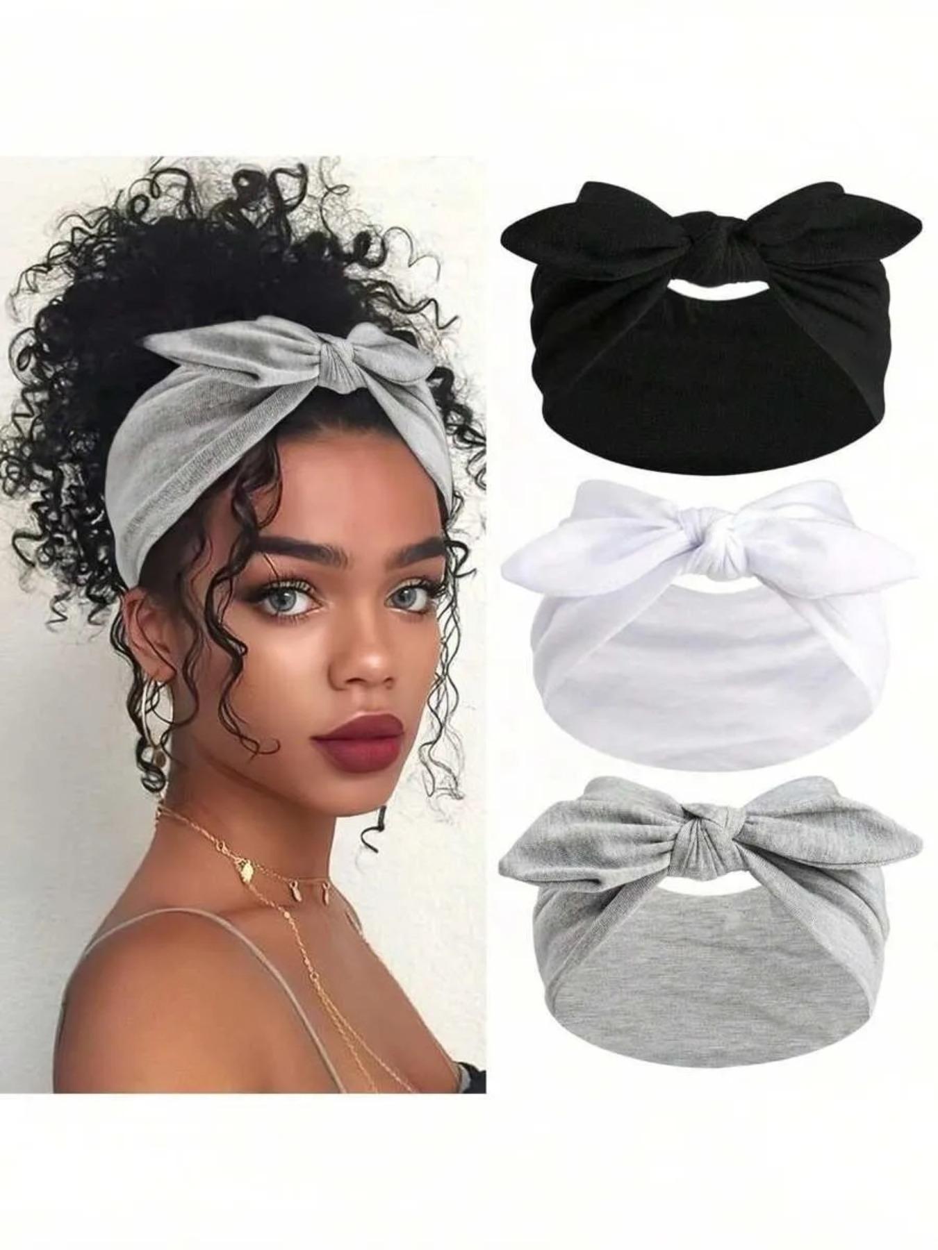 Women's Wide Bowknot Headband Set, Ribbed Elastic Turban Wraps in Solid Colors, Non-Slip Fashion Accessory for Yoga & Workout, Black Headband, Stretchy Headbands