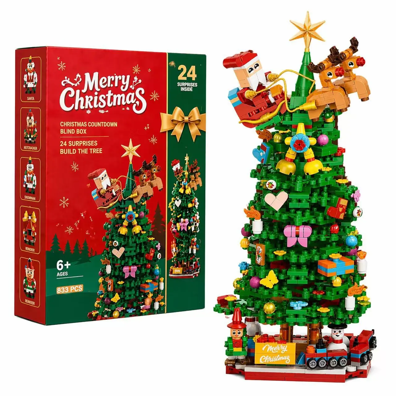 2026 Christmas Tree Blocks Countdown Calendar, Surprise Box, Reindeer Toy, Train, Holiday Desk Decor, Family Gift Set, Adult Creative Gift, 833 Pcs, Assembly Blocks Set