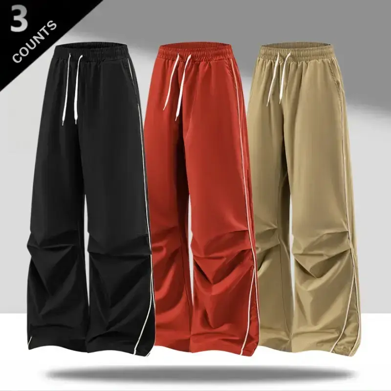 Unisex double sided striped crinkled wide leg parachute pants – high elastic drawstring waist, 3D pleats, white line detail, lightweight quick dry wrinkle resistant fabric, Y2K American retro streetwear baggy trousers for skateboarding, cycling & everyday