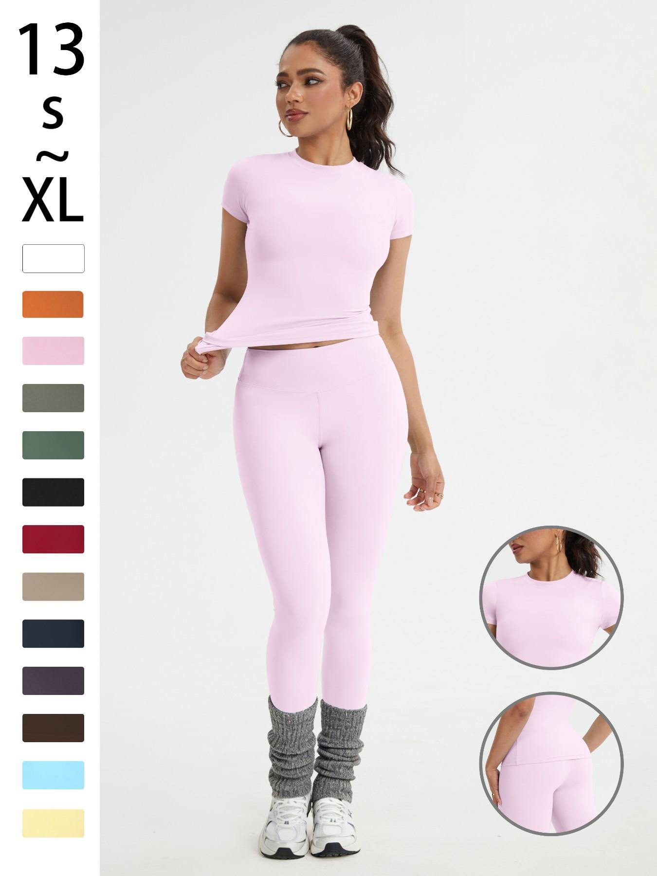 Women's Sportswear Set, Slim-Fit Round Neck Short Sleeves & High-Waisted Yoga Pants, Ideal for Gym Running Outdoor Activities, Stretchy Suit Set