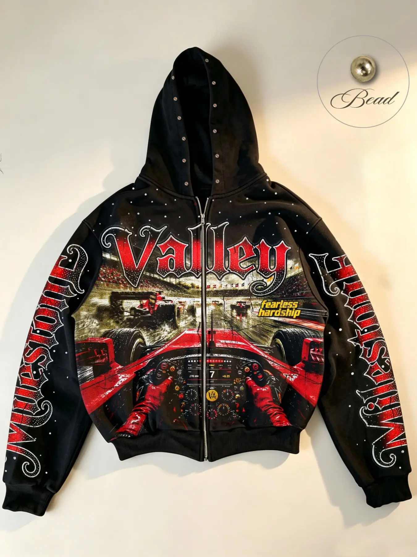 Men's Long Sleeve zip-up hoodie, unisex, zip hooded jacket with milestone text, valley print and F1 racing pattern, rivet-decorated cardigan jacket, Y2K streetwear brand zip hooded sweatshirt
