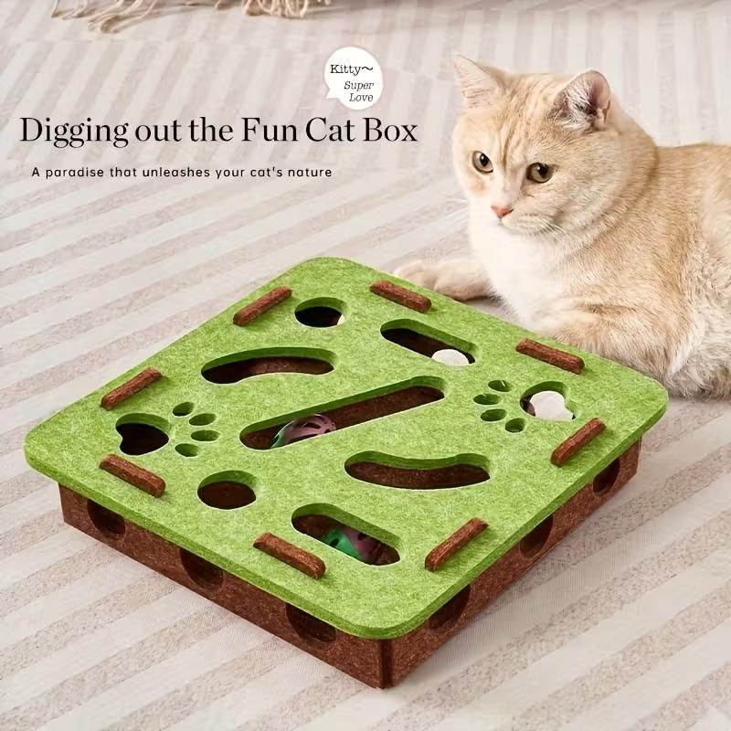 Interactive Cat Scratching Toy with Paw Print, Puzzle Box & Heavy-Duty Scratching Posts, No Battery Needed, Indoor Activity Center