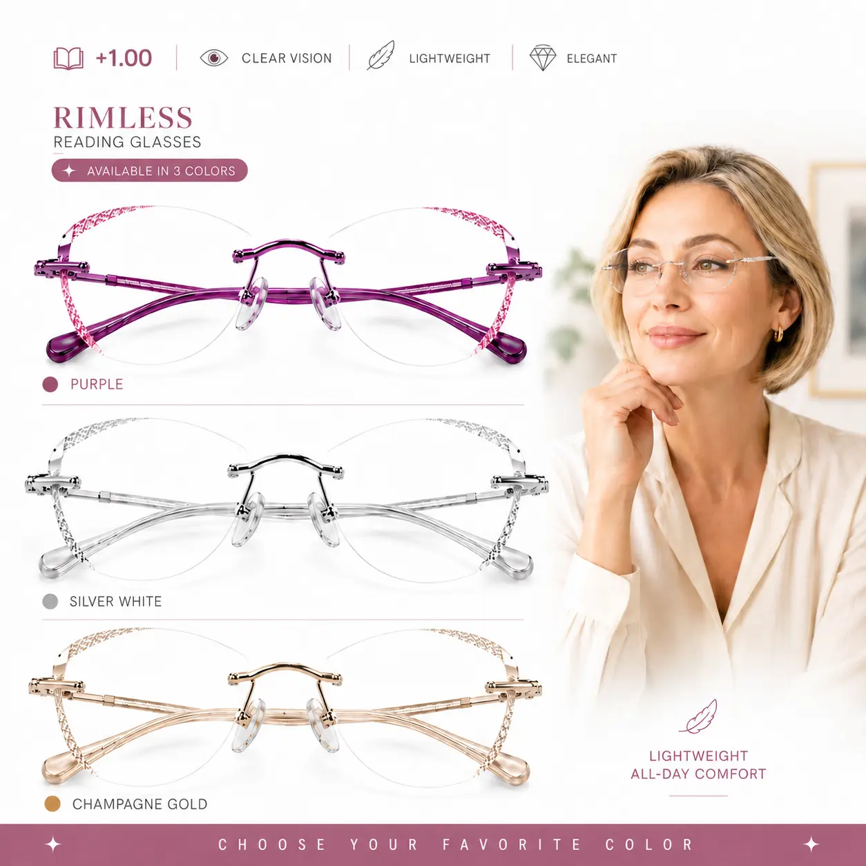 Sparkly Rimless Reading Glasses for Women, Fixed +1.00 Blue Light Filtering Readers with Lightweight Metal Frame for Reading, Office & Screen Time modern trendy